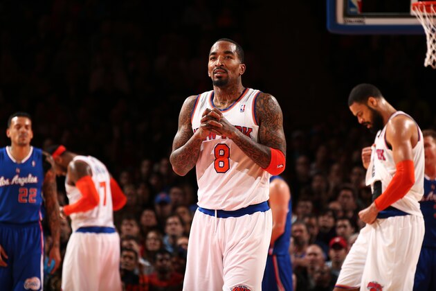 NEW YORK, NY - JANUARY 17: J.R. Smith #8 of the New York Knicks during a game against the Los Angeles Clippers at Madison Square Garden in New York City on January 17, 2014.  NOTE TO USER: User expressly acknowledges and agrees that, by downloading and or using this photograph, User is consenting to the terms and conditions of the Getty Images License Agreement. Mandatory Copyright Notice: Copyright 2014 NBAE  (Photo by Nathaniel S. Butler/NBAE via Getty Images)