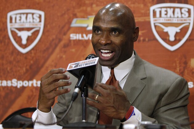 AUSTIN, TX - JANUARY 6: The University of Texas Longhorns new head football coach Charlie Strong from Louisvillespeaks after being introduced during a press conference January 6, 2014 at Darrell K. Royal-Texas Memorial Stadium in Austin, Texas.  (Photo by Erich Schlegel/Getty Images)