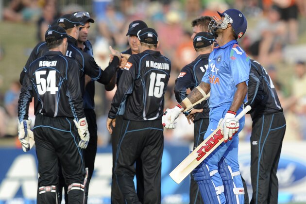 India’s Shikhar Dhawan looks skyward after being dismissed for 32 against New Zealand in their first one day international cricket match at McLean Park in Napier, New Zealand, Sunday, Jan. 19, 2014. (AP Photo/SNPA, Ross Setford) NEW ZEALAND OUT