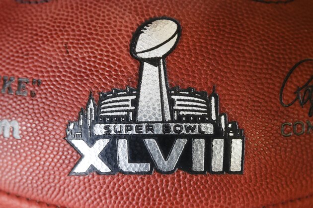 Official game ball for the NFL football Super Bowl XLVIII in the Wilson Sporting Goods Co. in Ada, Ohio, Monday, Jan. 20, 2014. The Seattle Seahawks will play the Denver Broncos in the Super Bowl on Feb. 2 in New Jersey. (AP Photo/Rick Osentoski)