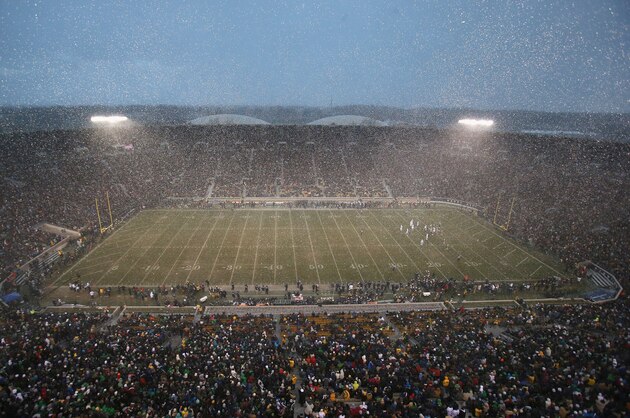 SOUTH BEND, IN - NOVEMBER 23: Snow falls as the Notre Dame Fighting Irish take on the Brigham Young Cougars at Notre Dame Stadium on November 23, 2013 in South Bend, Indiana. (Photo by Jonathan Daniel/Getty Images)