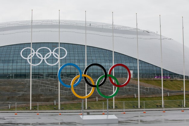 Jan 20, 2014; Sochi, RUSSIA; General view of Olympic rings in front of Bolshoy Ice Dome in Olympic Park prior to 2014 Sochi Winter Olympic Games. Mandatory Credit: Kevin Liles-USA TODAY Sports