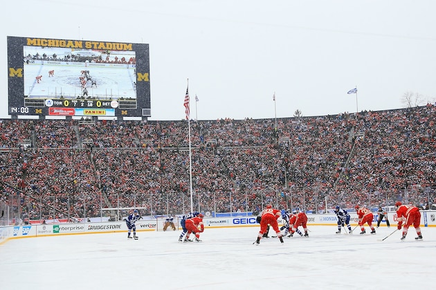 ANN ARBOR, MI - JANUARY 1:  A wide view of the first period action between the Detroit Red Wings and the Toronto Maple Leafs during the Bridgestone NHL Winter Classic on January 1, 2014 at the University of Michigan Stadium in Ann Arbor, Michigan. The Leafs win in a shoot-out 3-2 (Photo by Dave Reginek/NHLI via Getty Images)