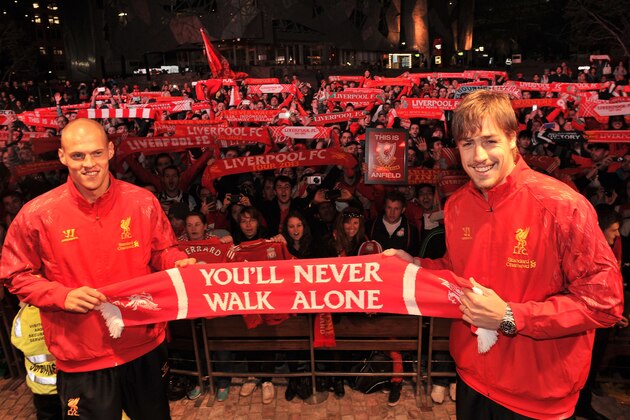 MELBOURNE, AUSTRALIA - JULY 22: Martin Skrtel and Sebastian Coates (R) of Liverpool FC pose for a photo in front of fans during a Liverpool FC player appearance at Federation Square on July 22, 2013 in Melbourne, Australia. (Photo by Vince Caligiuri/Getty Images) MELBOURNE, AUSTRALIA - JULY 22: Martin Skrtel and Sebastian Coates (R) of Liverpool FC pose for a photo in front of fans during a Liverpool FC player appearance at Federation Square on July 22, 2013 in Melbourne, Australia. (Photo by Vince Caligiuri/Getty Images)