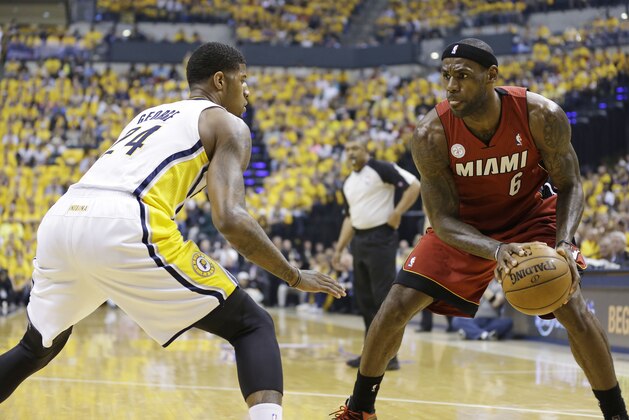 Miami Heat forward LeBron James (6) drives the ball against Indiana Pacers forward Paul George (24) during the first half of Game 6 of the NBA Eastern Conference basketball finals in Indianapolis, Saturday, June 1, 2013. (AP Photo/Michael Conroy) Miami Heat forward LeBron James (6) drives the ball against Indiana Pacers forward Paul George (24) during the first half of Game 6 of the NBA Eastern Conference basketball finals in Indianapolis, Saturday, June 1, 2013. (AP Photo/Michael Conroy)