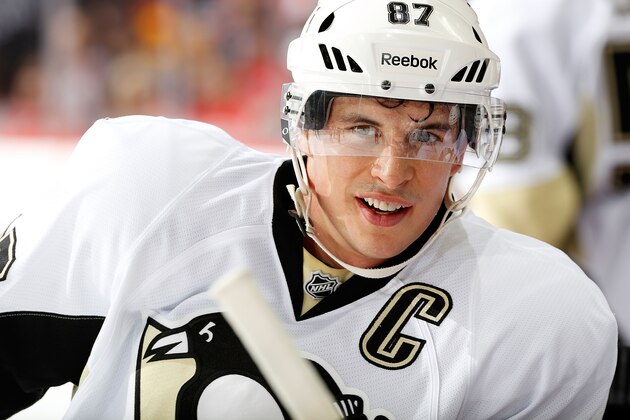 CALGARY, AB - JANUARY 11: Sidney Crosby #87 of the Pittsburgh Penguins skates against the Calgary Flames at Scotiabank Saddledome on January 11, 2013 in Calgary, Alberta, Canada. (Photo by Gerry Thomas/NHL via Getty Images)