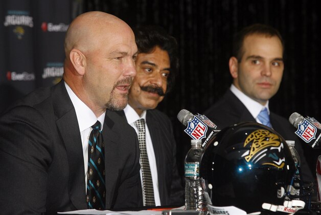 Jan 18, 2013; Jacksonville FL, USA; Jacksonville Jaguars new head coach Gus Bradley speaks as owner Shad Khan and new general manager Dave Caldwell listen during a press conference at EverBank Field. Mandatory Credit: Phil Sears-USA TODAY Sports Jan 18, 2013; Jacksonville FL, USA; Jacksonville Jaguars new head coach Gus Bradley speaks as owner Shad Khan and new general manager Dave Caldwell listen during a press conference at EverBank Field. Mandatory Credit: Phil Sears-USA TODAY Sports
