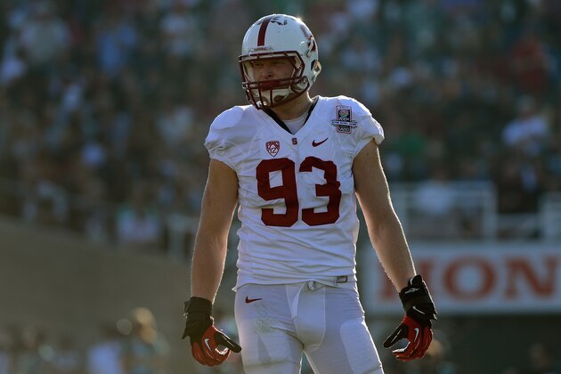 PASADENA, CA - JANUARY 01:  Linebacker Trent Murphy #93 of the Stanford Cardinal looks on against the Michigan State Spartans during the 100th Rose Bowl Game presented by Vizio at the Rose Bowl on January 1, 2014 in Pasadena, California.  (Photo by Kevork Djansezian/Getty Images)