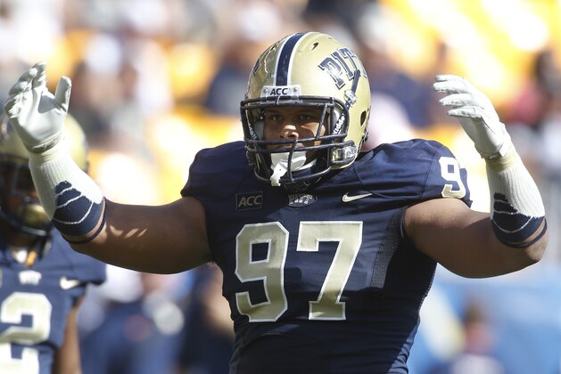 Pittsburgh defensive lineman Aaron Donald (97) plays in an NCAA football game between Pittsburgh and Virginia on Saturday, Sept. 28, 2013 in Pittsburgh. (AP Photo/Keith Srakocic)