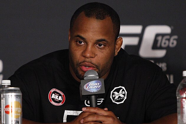 Oct 19, 2013; Houston, TX, USA; Daniel Cormier answers a question during the press conference following UFC 166 at Toyota Center. Mandatory Credit: Andrew Richardson-USA TODAY Sports