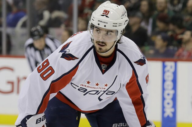Washington Capitals center Marcus Johansson (90), of Sweden, waits for a face-off during the second period of an NHL hockey game against the Minnesota Wild in St. Paul, Minn., Saturday, Jan. 4, 2014.   (AP Photo/Ann Heisenfelt)