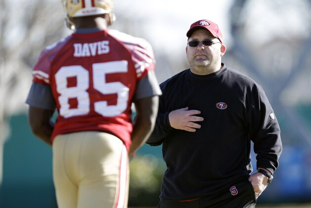 San Francisco 49ers offensive coordinator Greg Roman, right, talks with tight end Vernon Davis (85) during NFL football practice in Santa Clara, Calif., Thursday, Jan. 5, 2012. Roman is being considered for the Penn State head coaching job. The 49ers are scheduled to play in a divisional playoff game on Jan. 14. (AP Photo/Paul Sakuma)