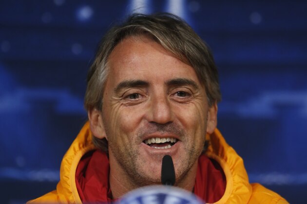 Galatasaray 's coach Roberto Mancini from Italy, speaks during a press conference in Madrid, Spain, Tuesday, Nov. 26, 2013. Galatasaray will play Real Madrid on Wednesday in a Group B Champions League soccer match. (AP Photo/Andres Kudacki)