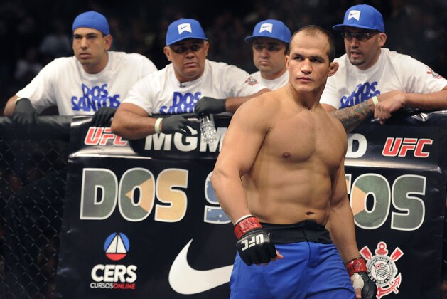 Junior dos Santos of Brazil, eyes his opponent before his UFC 155 heavyweight championship mixed martial arts match against Cain Velasquez of San Jose, Calif. at the MGM Grand Garden Arena Saturday, Dec, 29, 2012 in Las  Vegas. Velasquez reclaimed the title with a unanimous decision. (AP Photo/David Becker)