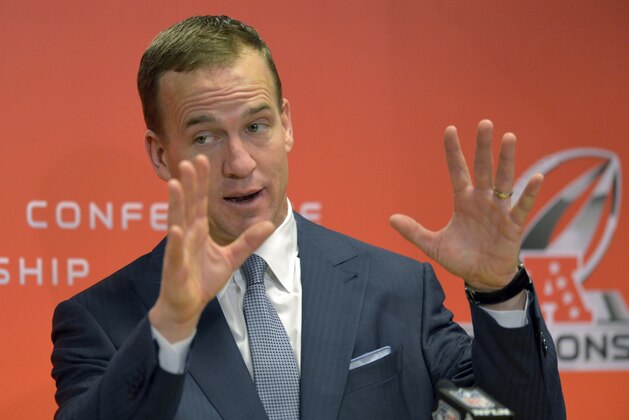 Denver Broncos quarterback Peyton Manning answers questions at the post game news conference after the AFC Championship NFL playoff football game in Denver, Sunday, Jan. 19, 2014. The Broncos defeated the Patriots 26-16 to advance to the Super Bowl. (AP Photo/Jack Dempsey)