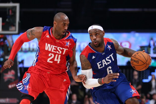 HOUSTON, TX - FEBRUARY 17:  LeBron James #6 of the Miami Heat and the Eastern Conference drives on Kobe Bryant #24 of the Los Angeles Lakers and the Western Conference during the 2013 NBA All-Star game at the Toyota Center on February 17, 2013 in Houston, Texas. NOTE TO USER: User expressly acknowledges and agrees that, by downloading and or using this photograph, User is consenting to the terms and conditions of the Getty Images License Agreement.  (Photo by Ronald Martinez/Getty Images)