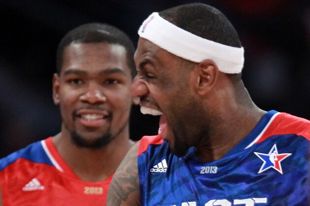 HOUSTON, TX - FEBRUARY 17:  (R) LeBron James #6 of the Miami Heat and the Eastern Conference reacts in front of Kevin Durant #35 of the Oklahoma City Thunder and the Western Conference during the 2013 NBA All-Star game at the Toyota Center on February 17, 2013 in Houston, Texas. NOTE TO USER: User expressly acknowledges and agrees that, by downloading and or using this photograph, User is consenting to the terms and conditions of the Getty Images License Agreement.  (Photo by Ronald Martinez/Getty Images)