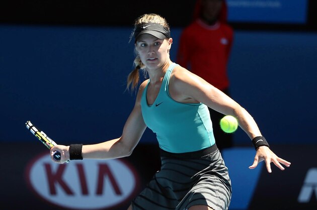Jan 21, 2014; Melbourne, AUSTRALIA; Eugenie Bouchard (CAN) during her match against Ana Ivanovic (SRB) on day nine of the 2014 Australian Open at Melbourne Park.  Mandatory Credit: Nicolas Luttiau/Presse Sports via USA TODAY Sports