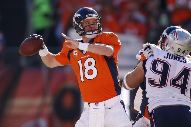 Jan 19, 2014; Denver, CO, USA; Denver Broncos quarterback Peyton Manning (18) throws a pass during the first quarter against the New England Patriots during the 2013 AFC championship playoff football game at Sports Authority Field at Mile High. Mandatory Credit: Chris Humphreys-USA TODAY Sports