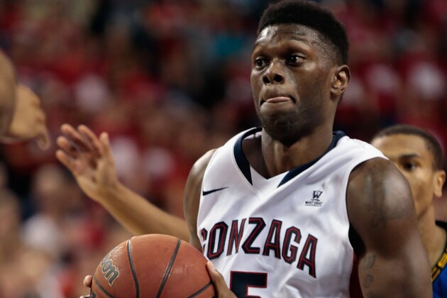 SPOKANE, WA - DECEMBER 01:  Gary Bell Jr.#5 of the Gonzaga Bulldogs drives against the Coppin State Eagles during the game at McCarthey Athletic Center on December 1, 2013 in Spokane, Washington.  (Photo by William Mancebo/Getty Images)