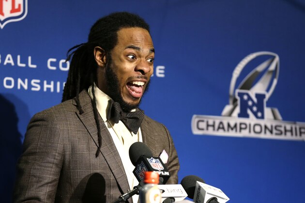 Seattle Seahawks' Richard Sherman speaks at a news conference after the NFL football NFC Championship game between the Seahawks and the San Francisco 49ers Sunday, Jan. 19, 2014, in Seattle. The Seahawks won 23-17 to advance to Super Bowl XLVIII. (AP Photo/Elaine Thompson)