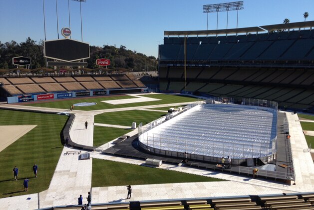 The hockey rink is ready as preparations continue on Friday, Jan. 17, 2014, in  Los Angeles, for the upcoming outdoor NHL hockey game at the Dodger Stadium, home of the Los Angeles Dodgers baseball team. The 2014 NHL Stadium Series game between the Los Angeles Kings and Anaheim Ducks is scheduled for Saturday, Jan. 25. (AP Photo/Beth Harris)