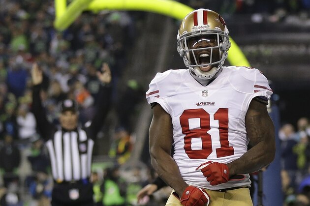 San Francisco 49ers' Anquan Boldin celebrates his touchdown catch during the second half of the NFL football NFC Championship game against the Seattle Seahawks Sunday, Jan. 19, 2014, in Seattle. (AP Photo/Marcio Jose Sanchez) San Francisco 49ers' Anquan Boldin celebrates his touchdown catch during the second half of the NFL football NFC Championship game against the Seattle Seahawks Sunday, Jan. 19, 2014, in Seattle. (AP Photo/Marcio Jose Sanchez)