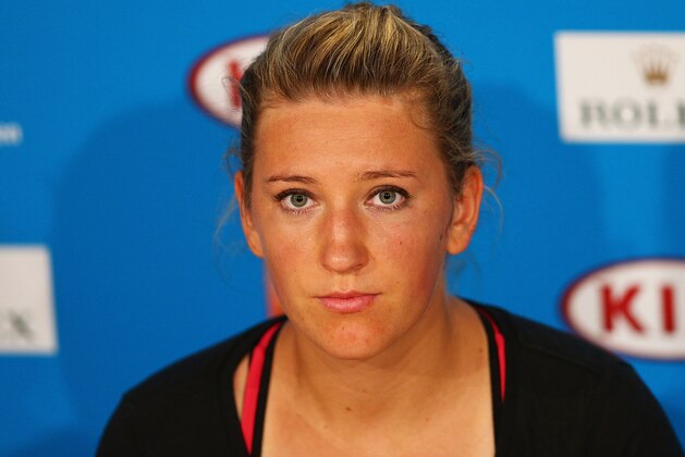 MELBOURNE, AUSTRALIA - JANUARY 22:  Victoria Azarenka of Belarus talks to the media after losing her quarterfinal match against Agnieszka Radwanska of Poland during day 10 of the 2014 Australian Open at Melbourne Park on January 22, 2014 in Melbourne, Australia.  (Photo by Graham Denholm/Getty Images)