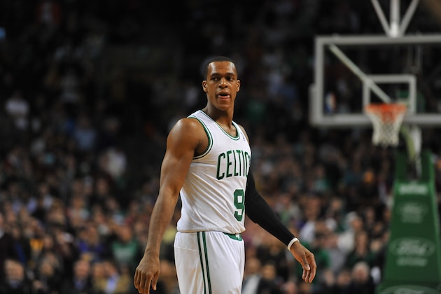 BOSTON, MA - JANUARY 17: Rajon Rondo #9 of the Boston Celtics looks on against the Los Angeles Lakers on January 17, 2014 at the TD Garden in Boston, Massachusetts.  NOTE TO USER: User expressly acknowledges and agrees that, by downloading and or using this photograph, User is consenting to the terms and conditions of the Getty Images License Agreement. Mandatory Copyright Notice: Copyright 2014 NBAE  (Photo by Brian Babineau/NBAE via Getty Images)