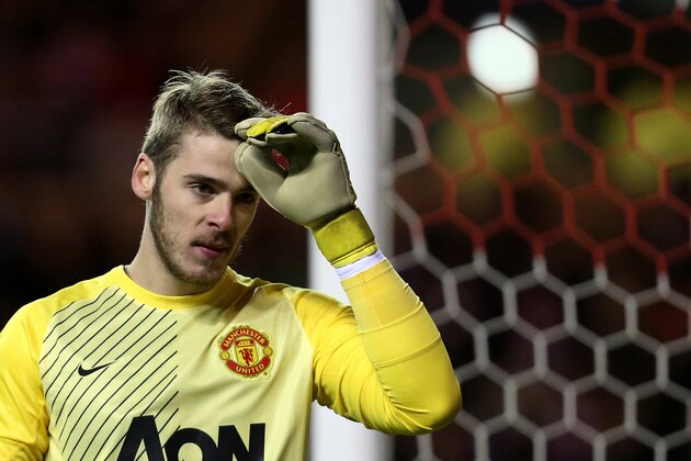 Manchester United's goalkeeper David de Gea during their English League Cup semifinal first leg soccer match against Sunderland at the Stadium of Light, Sunderland, England, Tuesday, Jan. 7, 2014. (AP Photo/Scott Heppell)