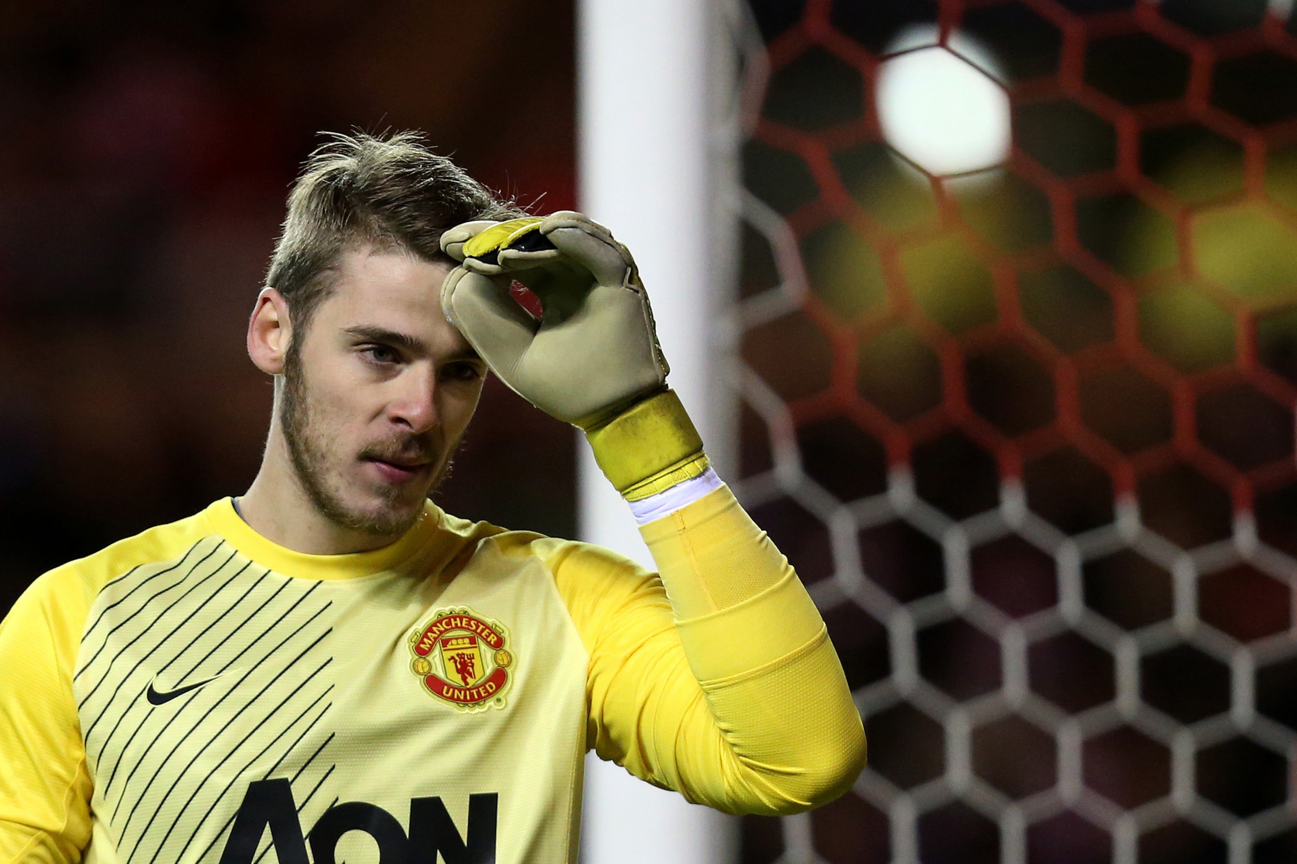 Manchester United's goalkeeper David de Gea during their English League Cup semifinal first leg soccer match against Sunderland at the Stadium of Light, Sunderland, England, Tuesday, Jan. 7, 2014. (AP Photo/Scott Heppell)