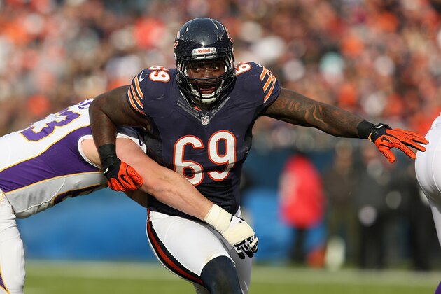 CHICAGO, IL - NOVEMBER 25: Henry Melton #69 of the Chicago Bears rushes against Brandon Fusco #63 of the Minnesota Vikings at Soldier Field on November 25, 2012 in Chicago, Illinois. The Bears defeated the Vikings 28-10. (Photo by Jonathan Daniel/Getty Images) CHICAGO, IL - NOVEMBER 25: Henry Melton #69 of the Chicago Bears rushes against Brandon Fusco #63 of the Minnesota Vikings at Soldier Field on November 25, 2012 in Chicago, Illinois. The Bears defeated the Vikings 28-10. (Photo by Jonathan Daniel/Getty Images)