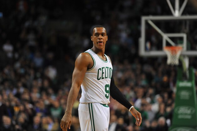 BOSTON, MA - JANUARY 17: Rajon Rondo #9 of the Boston Celtics looks on against the Los Angeles Lakers on January 17, 2014 at the TD Garden in Boston, Massachusetts.  NOTE TO USER: User expressly acknowledges and agrees that, by downloading and or using this photograph, User is consenting to the terms and conditions of the Getty Images License Agreement. Mandatory Copyright Notice: Copyright 2014 NBAE  (Photo by Brian Babineau/NBAE via Getty Images)