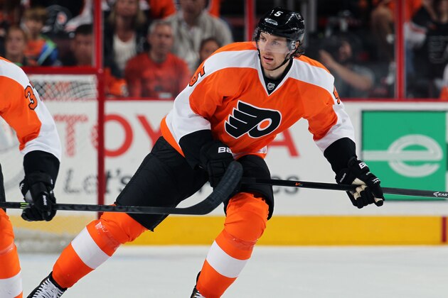PHILADELPHIA, PA - OCTOBER 02:  Brayden Coburn #5 of the Philadelphia Flyers skates against the Toronto Maple Leafs on October 2, 2013 at the Wells Fargo Center in Philadelphia, Pennsylvania.  (Photo by Len Redkoles/NHLI via Getty Images)