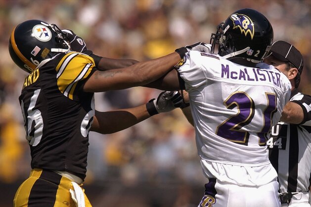 PITTSBURGH - SEPTEMBER 7:  Wide receiver Hines Ward #36 of the Pittsburgh Steelers fights with cornerback Chris McAlister of the Baltimore Ravens on September 7, 2003 at Heinz Field in Pittsburgh, Pennsylvania.  The Steelers defeated the Ravens 34-15. (Photo by David Maxwell/Getty Images)