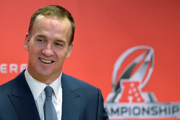 Denver Broncos quarterback Peyton Manning answers questions at the post game press conference after the AFC Championship NFL playoff football game in Denver, Sunday, Jan. 19, 2014. The Broncos defeated the Patriots 26-16 to advance to the Super Bowl. (AP Photo/Jack Dempsey)