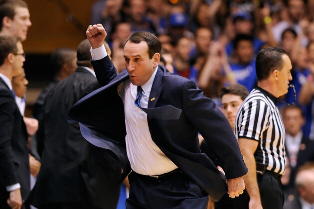 DURHAM, NC - JANUARY 18:  Coach Mike Krzyzewski of the Duke Blue Devils reacts during their game against the North Carolina State Wolfpack at Cameron Indoor Stadium on January 18, 2014 in Durham, North Carolina. Duke won 95-60.  (Photo by Grant Halverson/Getty Images)