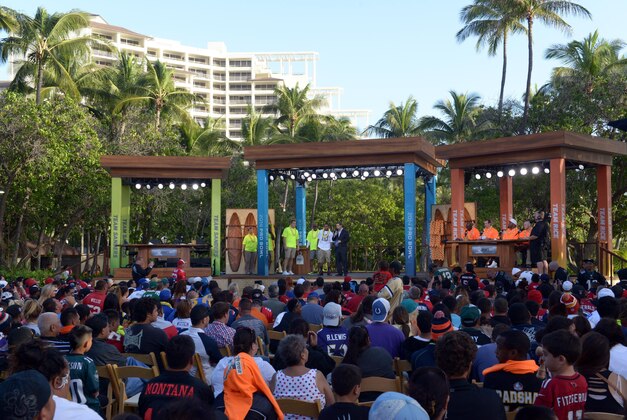 Jan 22, 2014; Ko'Olina, HI, USA; General view of Chris Rose interviewing Philadelphia Eagles receiver DeSean Jackson at the Pro Bowl draft at the J.W. Marriott Ihilani Resort & Spa. Mandatory Credit: Kirby Lee-USA TODAY Sports