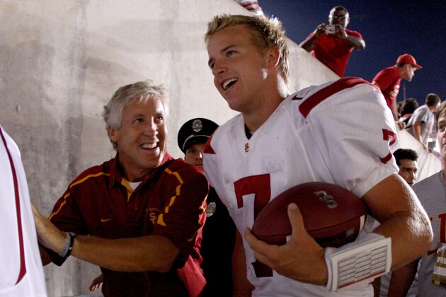 COLUMBUS, OH - SEPTEMBER 12:  Head coach Pete Carroll and Matt Barkley #7 of the Southern California Trojans leave the field after defeating the Ohio State Buckeyes 18-15 on September 12, 2009 at Ohio Stadium in Columbus, Ohio.  (Photo by Gregory Shamus/Getty Images)