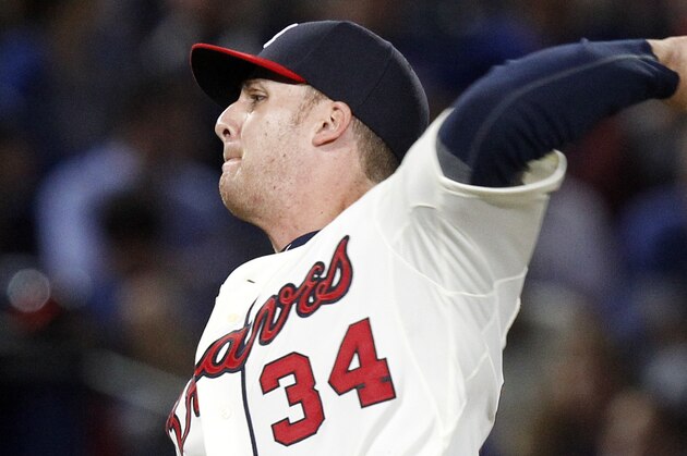 Atlanta Braves pitcher during Eric O'Flaherty pitches the ninth inning of a baseball game against the Chicago Cubs on Saturday, April 6, 2013, in Atlanta. (AP Photo/Butch Dill)