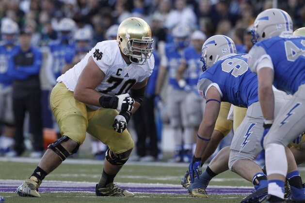 Notre Dame offensive tackle Zack Martin looks to block against Air Force in the third quarter of Notre Dame's 45-20 victory in an NCAA football game at the Air Force Academy, Colo., on Saturday, Oct. 26, 2013. (AP Photo/David Zalubowski)
