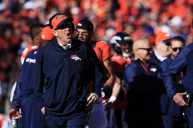 DENVER, CO - JANUARY 19:  Head coach John Fox of the Denver Broncos reacts in the fourth quarter against the New England Patriots during the AFC Championship game at Sports Authority Field at Mile High on January 19, 2014 in Denver, Colorado.  (Photo by Jamie Squire/Getty Images)