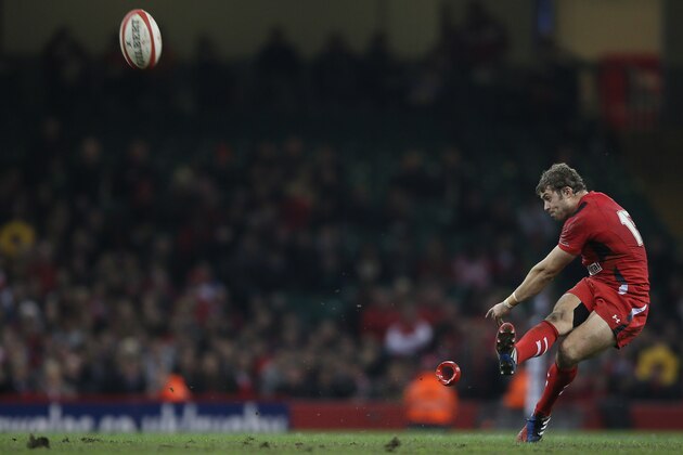 Wales' Leigh Halfpenny converts a try during their international rugby union match against Argentina at the Millennium Stadium in Cardiff, Wales, Saturday, Nov. 16, 2013. (AP Photo/Alastair Grant)