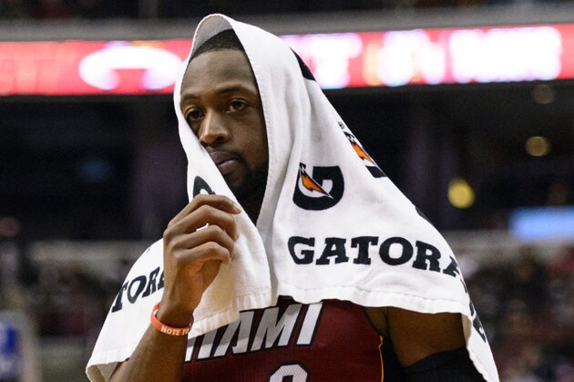 Jan 17, 2014; Philadelphia, PA, USA; Miami Heat guard Dwyane Wade (3) during the fourth quarter against the Philadelphia 76ers at the Wells Fargo Center. The Heat defeated the Sixers 101-86. Mandatory Credit: Howard Smith-USA TODAY Sports