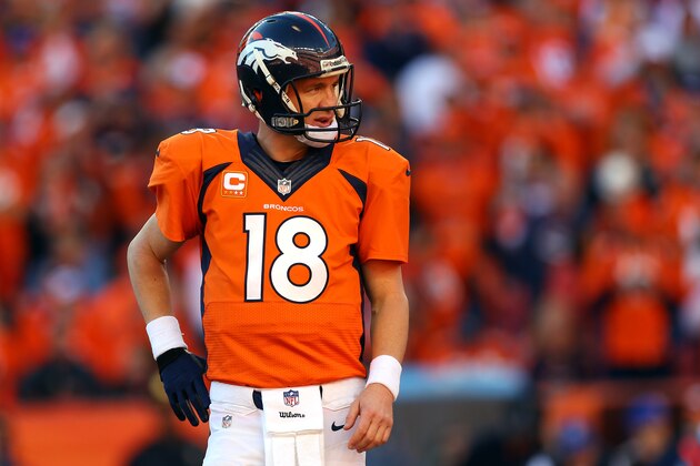 DENVER, CO - JANUARY 19:  Peyton Manning #18 of the Denver Broncos in action against the New England Patriots during the AFC Championship game at Sports Authority Field at Mile High on January 19, 2014 in Denver, Colorado.  (Photo by Justin Edmonds/Getty Images)