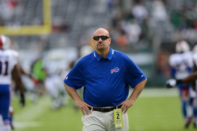 EAST RUTHERFORD, NJ - SEPTEMBER 22: Defensive coordinator Mike Pettine of the Buffalo Bills on the field  before the start of their game at MetLife Stadium on September 22, 2013 in East Rutherford, New Jersey. (Photo by Ron Antonelli/Getty Images)