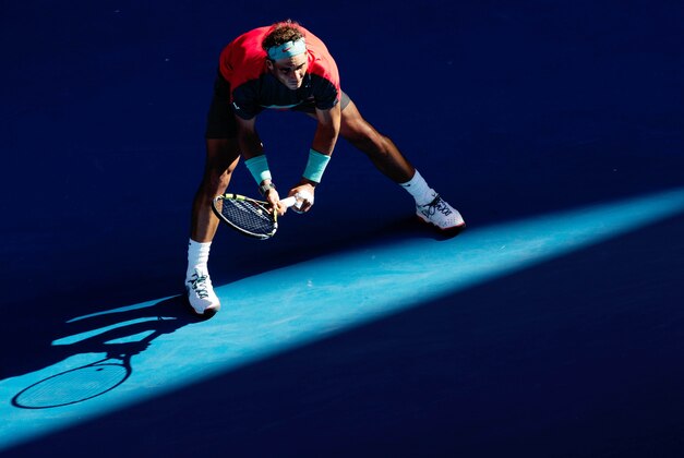 Jan 22, 2014; Melbourne, AUSTRALIA; Rafael Nadal (ESP) during his match against Grigor Dimitrov (BUL) on day ten of the 2014 Australian Open at Melbourne Park.  Mandatory Credit: Matthias Hauer/GEPA via USA TODAY Sports