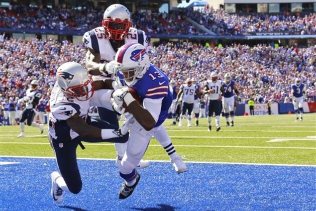 Buffalo Bills wide receiver Stevie Johnson (13) catches a touchdown pass from EJ Manuel (3) in front of New England Patriots' Devin McCourty (32) and Kyle Arrington (25) during the second half of an NFL football game Sunday, Sept. 8, 2013, in Orchard Park. (AP Photo/Bill Wippert)