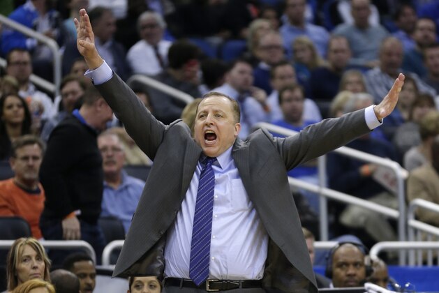 Chicago Bulls coach Tom Thibodeau yells to his players on the court during the second half of an NBA basketball game against the Orlando Magic in Orlando, Fla., Wednesday, Jan. 15, 2014. Chicago won 128-125 in triple overtime. (AP Photo/John Raoux) Chicago Bulls coach Tom Thibodeau yells to his players on the court during the second half of an NBA basketball game against the Orlando Magic in Orlando, Fla., Wednesday, Jan. 15, 2014. Chicago won 128-125 in triple overtime. (AP Photo/John Raoux)