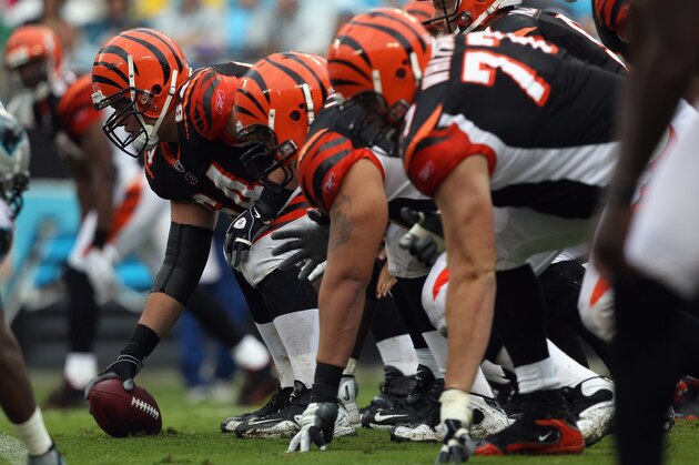 CHARLOTTE, NC - SEPTEMBER 26:  The offensive line of the Cincinnati Bengals against the Carolina Panthers during their game at Bank of America Stadium on September 26, 2010 in Charlotte, North Carolina.  (Photo by Streeter Lecka/Getty Images)
